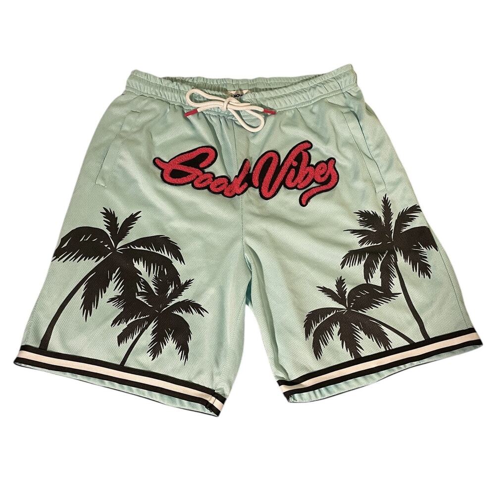 Fashion Nova Men’s Good Vibes Palm Trees Drawstring Aqua Shorts Large